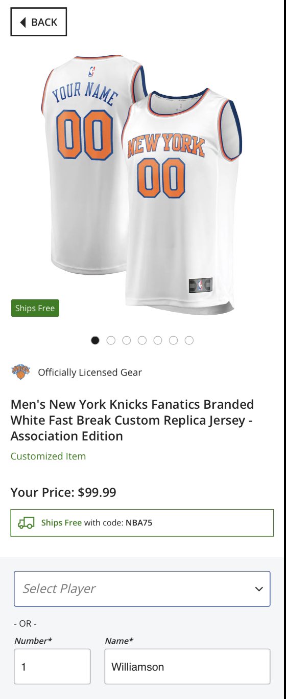 New York Knicks Fast Break Custom Replica Jersey - Association