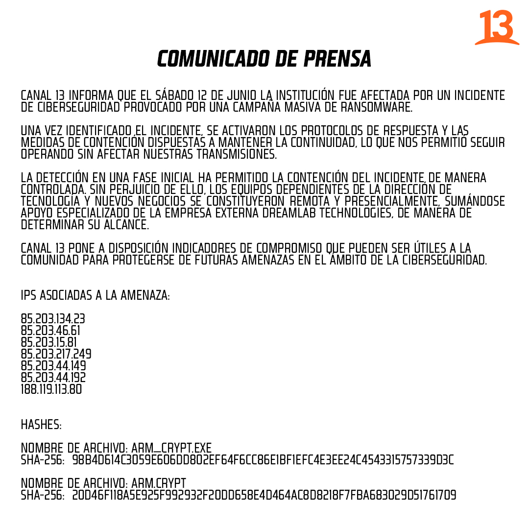 canal13's tweet image. Comunicado de Prensa