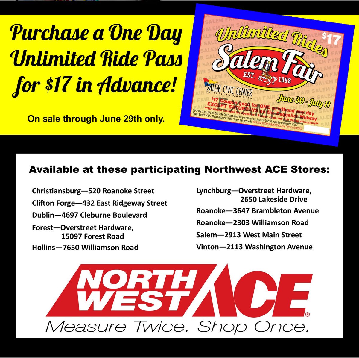 SalemFair's tweet image. Stop by a Northwest Ace Hardware 🔨 location to get your unlimited ride pass for just $17. Salem Fair kicks off June 30th and runs thru July 11th. 🎠Ride all the rides for just $17. #NorthwestAce #UnlimitedRides #AceIsThePlaceWithTheHelpfulHardwareFolks #Theyalsohavewristbands