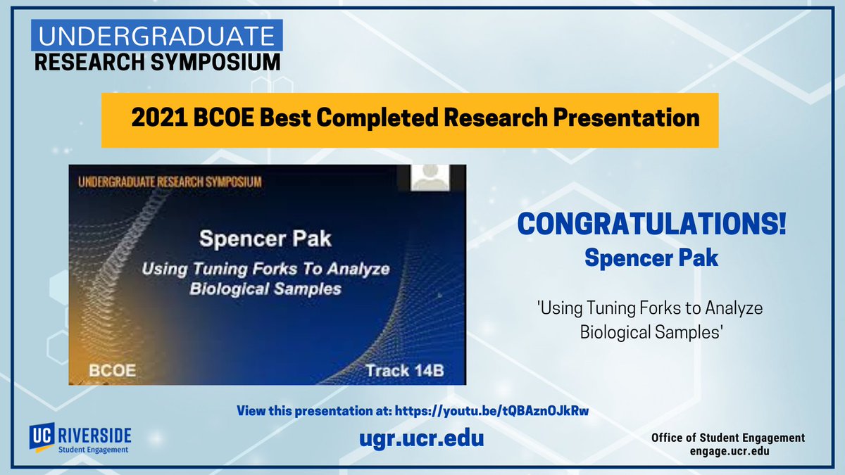 Congratulations to the 2021 BCOE Best Completed Research Presentation from this year's Research Symposium; Spencer Pak. 
View this presentation at: youtu.be/tQBAznOJkRw 
#UCRresearch #ucrstudentengagement 
<a href="/UCRBCOE/">UCR Bourns College of Engineering</a>