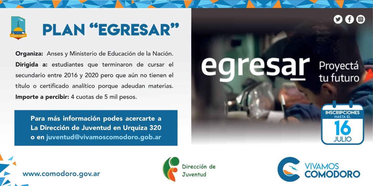generoMCR's tweet photo. 🧑🏻🏫Conoce el #PlanEgresar destinado a estudiantes que terminaron el secundario entre 2016 y 2020 pero que aún no tienen el analítico por adeudar materias.
📝Solicitá información en la Dirección de Juventud para ser parte. Podes acercarte a Dorrego 732 y a Urquiza 320. https://t.co/RU6JeLqpeK