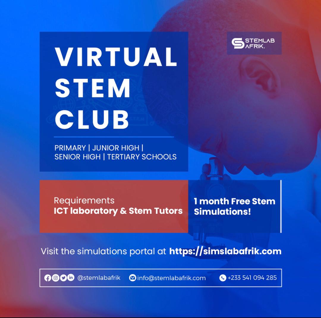 StemlabA's tweet photo. STEMLAB-AFRIK is embarking on Establishing VIRTUAL STEMLAB CLUBS across various schools in Ghana.

REQUIREMENTS
A school must have ICT laboratory with good internet and STEM Tutors.

PACKAGES
Free virtual STEM simulations for one month.
Contact us.

https://t.co/dfvZYfn6d5 https://t.co/wN5xBPc8Fo