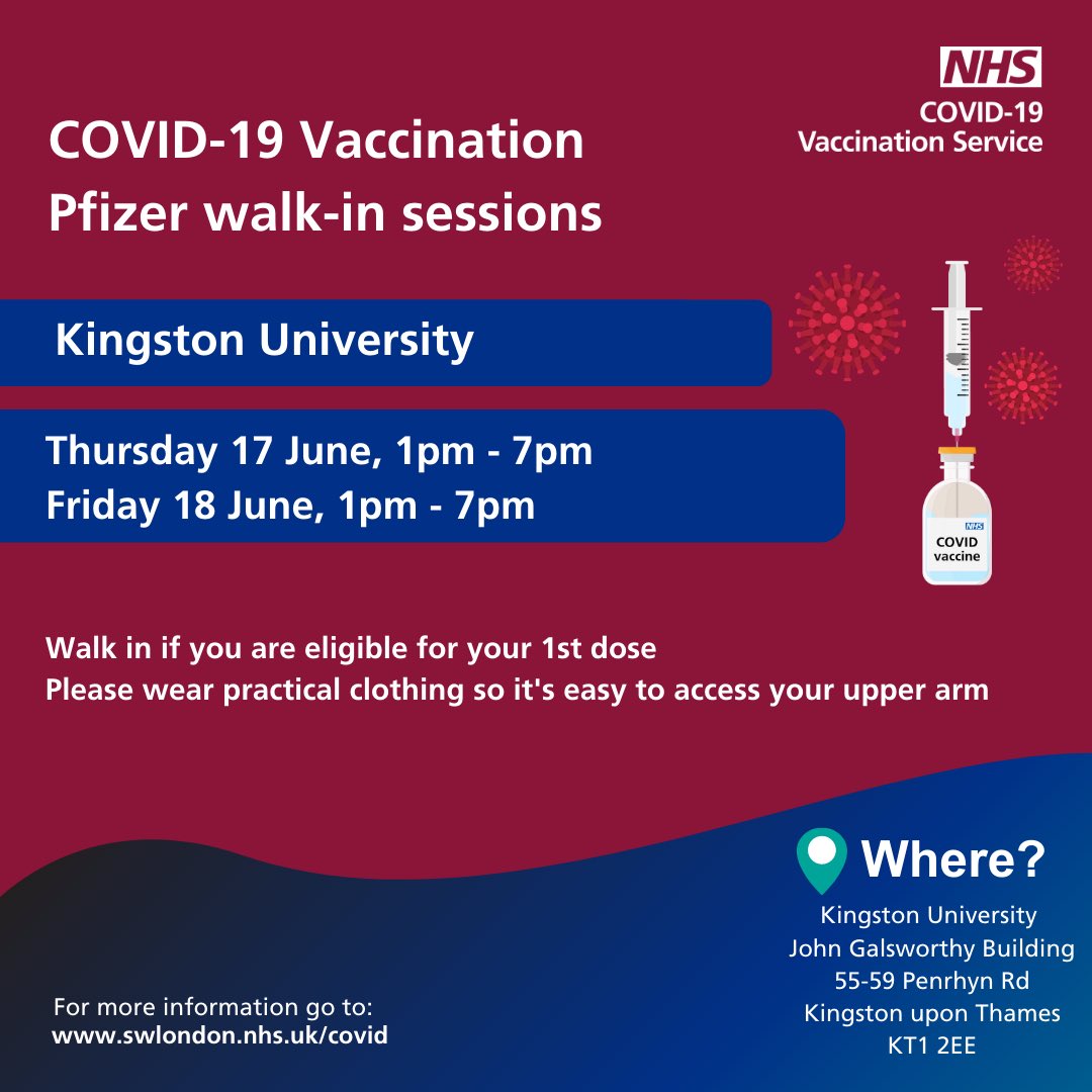 Walk-in #Pfizer vaccinations at Kingston University tomorrow - Friday 18 June, 1pm-7pm.

**EVERYONE 18 AND OVER ELIGIBLE &amp; WELCOME!**

No appointment needed, just turn up! 💪

Please share!