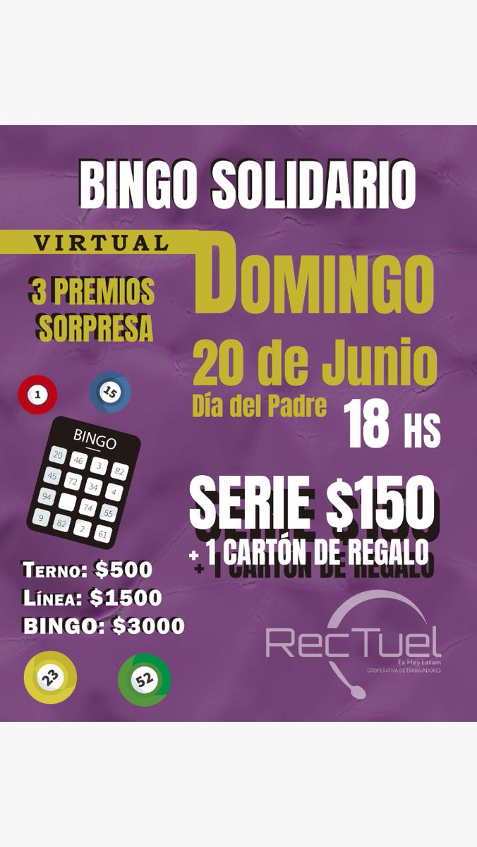 CompanerxsHey's tweet photo. BINGO VIRTUAL SOLIDARIO 
Desde RecTuel Cooperativa de Trabajadorxs tenemos el gusto de contarles que estaremos realizando un bingo solidario con muchos premios y sorpresas!
☘️ DOMINGO 20 DE JUNIO DÍA DEL PADRE ☘️ 18 hs! 
Podés pedir tu serie por MD https://t.co/aCxJ6jdN7Q