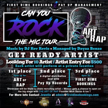mick_benzo's tweet photo. CALLING ALL INDIE ARTISTS!!
SERIOUS INQUIRIES ONLY!! 
IF YOU EVER DREAMED OF PERFORMING ON THAT BIG STAGE NOW IS YOUR CHANCE! 
ART OF RAP!!! FIRST DIME BOOKING 
ART OF RAP TOUR !!  PLEASE SEND AN EMAIL AND SUBMIT MUSIC, BIO, OR EPK!! PLEASE SUBMIT TO admin@firstdimebookings.com https://t.co/ZVqh0Tpw1X