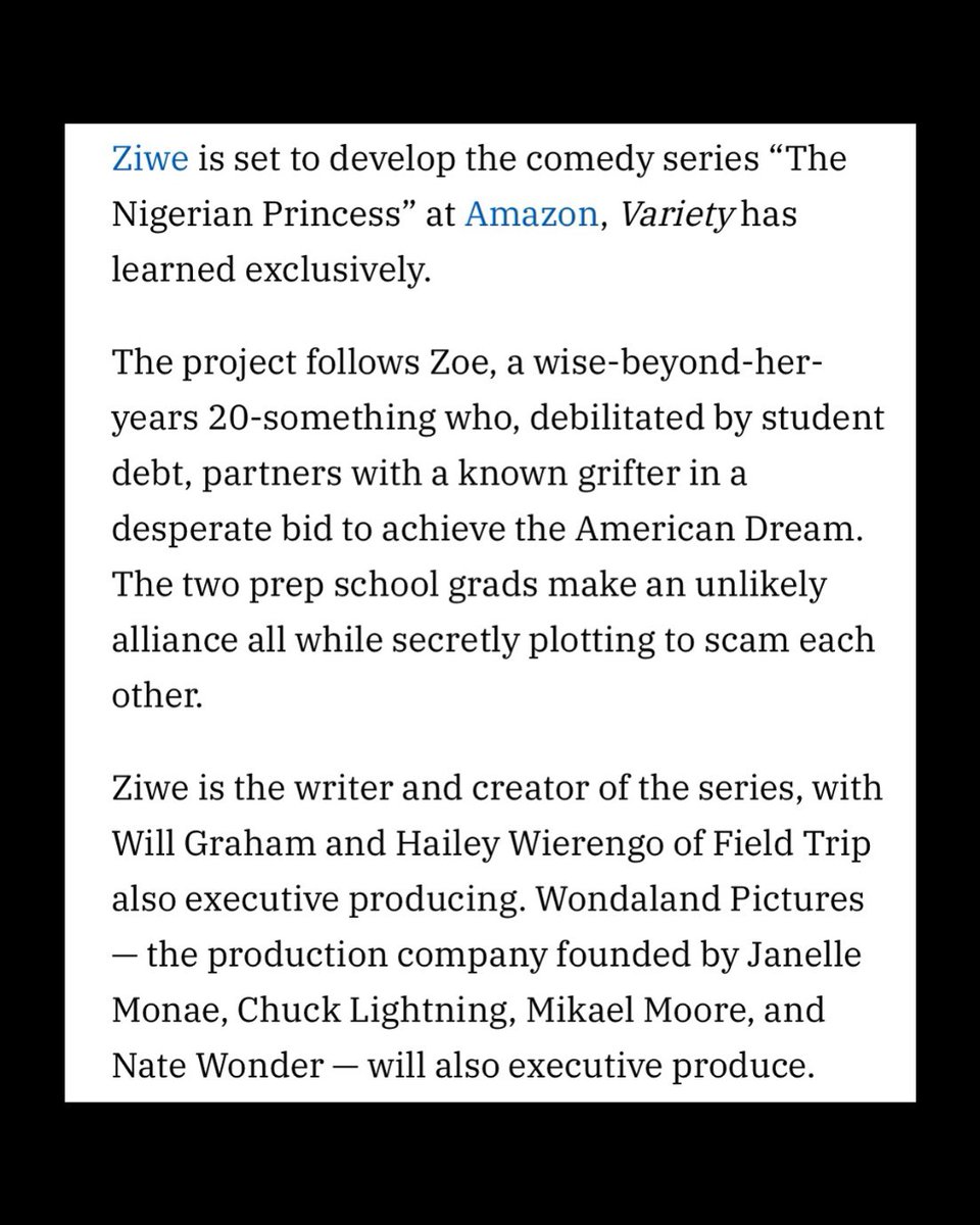 We are excited to announce that #WondalandPictures will be working with the insanely talented @ziwe on “Nigerian Princess”! 🎥🎞

Stay tuned + read more about our partnership here: 

variety.com/2021/tv/news/z…