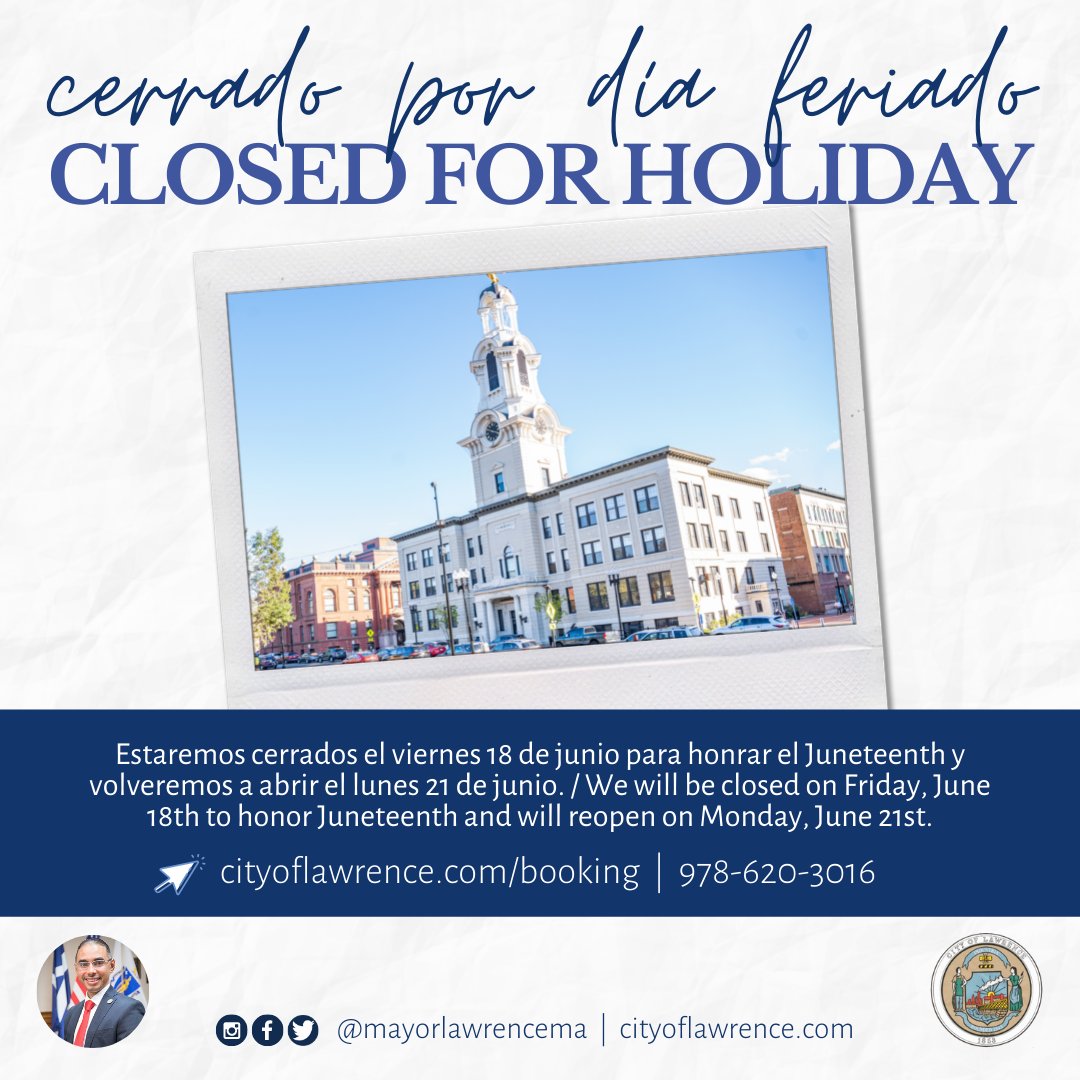 {bilingual messgae] 📅 Estaremos cerrados el viernes 18 de junio para honrar el Juneteenth y volveremos a abrir el lunes 21 de junio. 

📅 We will be closed on Friday, June 18th to honor Juneteenth and will reopen on Monday, June 21st.

#LawrenceMA