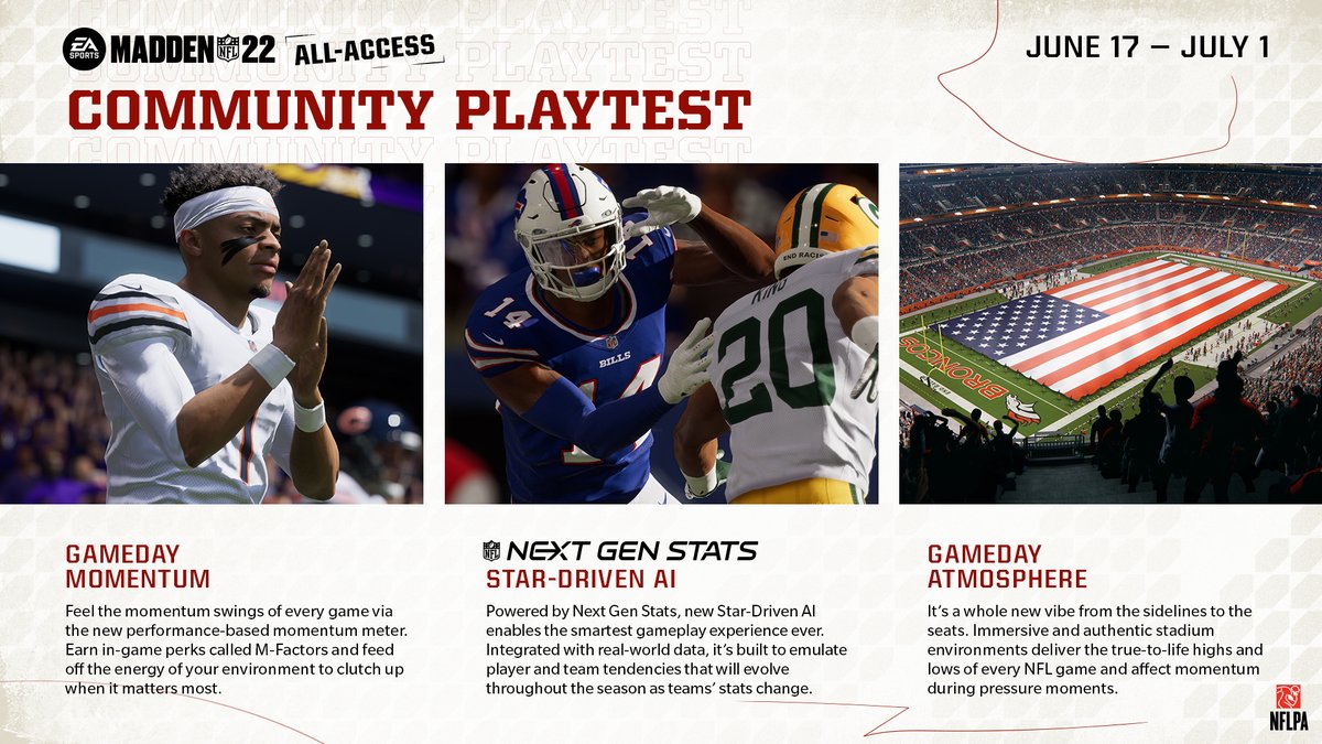 Madden Nfl 22 Madden22 Community Playtest Is Here Experience All New Gameday Momentum Nextgenstats Star Driven Ai Gameday Atmosphere Now Through July 1st Full Details T Co Nks7kdcfjs Gamedayhappens T Co