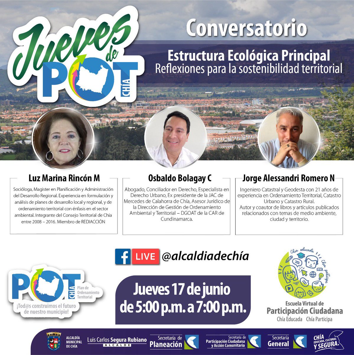 Julitafore's tweet image. ☝🏼 Tercer #JuevesDePOT con el conversatorio *"Estructura Ecológica principal “Reflexiones para la sostenibilidad territorial”* 🗣️ 
📌jueves 17 de junio a las 
🕔 5 pm 
Facebook Live de la Alcaldía de Chía  y canal de  Youtube
👉🏼facebook.com/alcaldiadechia/
👉🏼youtube.com/watch?v=ftDfs9…