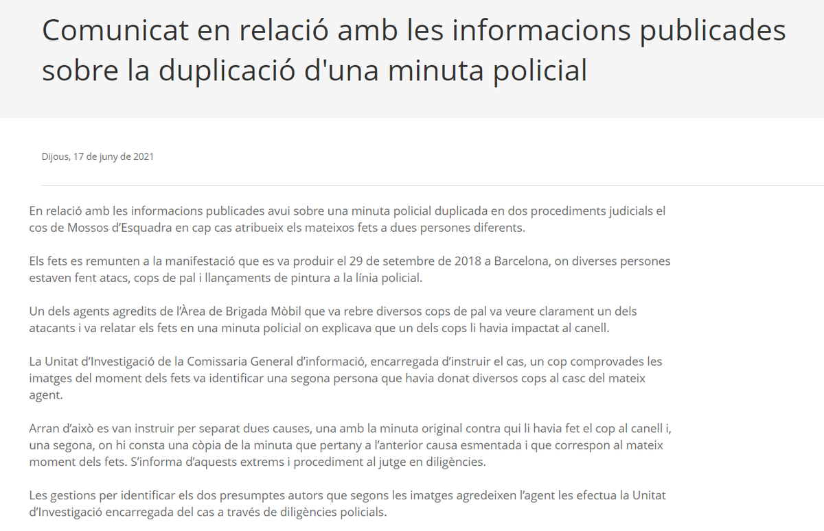 Comunicat en relació amb les informacions publicades sobre la duplicació d'una minuta policial bit.ly/3wAebA5