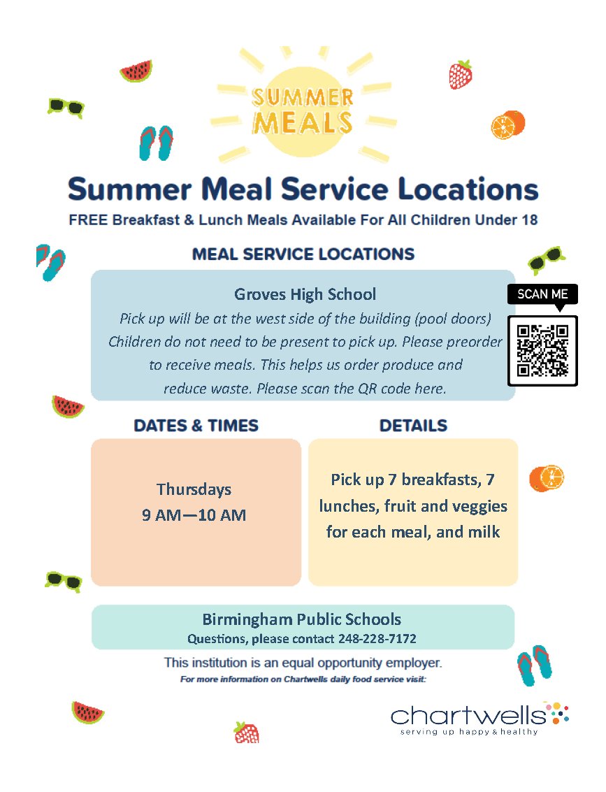 Free breakfast and lunch for all students will continue through the summer!

Any family with students can pick up a week’s worth of meals at Groves on Thursdays from 9-10 a.m.