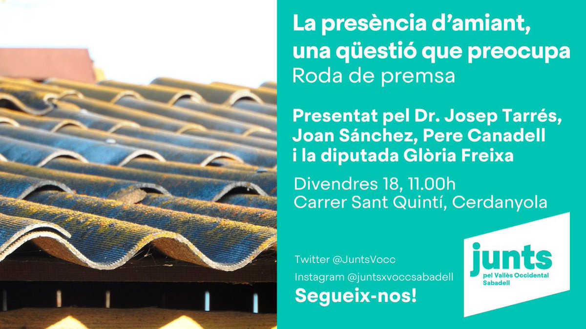 JuntsVocc's tweet photo. 📢Demà, roda de premsa d’una qüestió que ens preocupa,i molt,com és la presència d’amiant.
‼️Estigueu atentes i atents perquè tenim moltes dades rellevants per explicar-vos. https://t.co/e4uuM7Q3mv