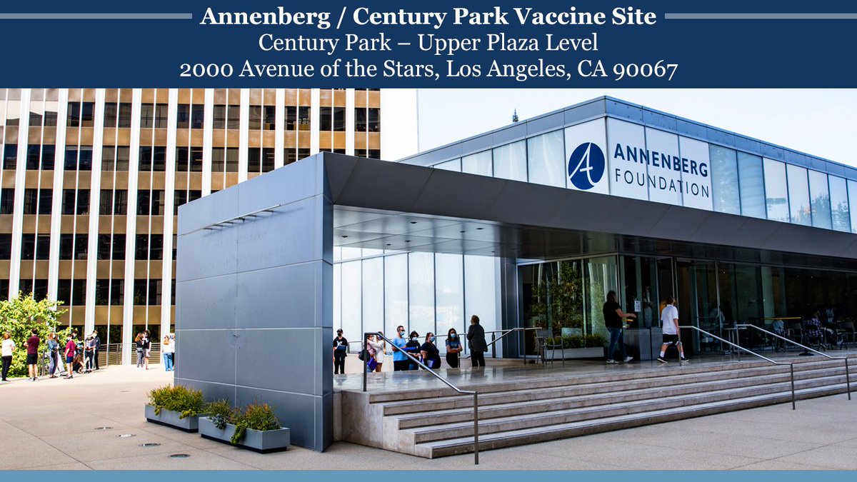 Walk-ups are allowed and parking is free! We're working with @LAFD to offer Pfizer and Johnson & Johnson vaccinations (based upon availability) at the former home of @AnnenbergSpace, now through Saturday, June 19 from 9 AM to 2 PM daily. #GetVaccinated