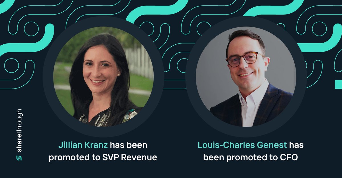 We are happy to announce the following new promotions at Sharethrough. Jillian Kranz has been promoted to SVP of Revenue &amp; Louis-Charles Genest has been promoted to CFO!

#promotion #adtech #sharethrough #strongertogether #management  #sales #finance #team