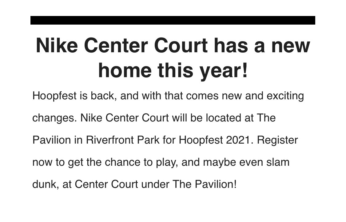 Hoopfest is back 🙌 

This year the Nike Center Court is in a new location. It will now be located at The Pavilion in Riverfront Park!