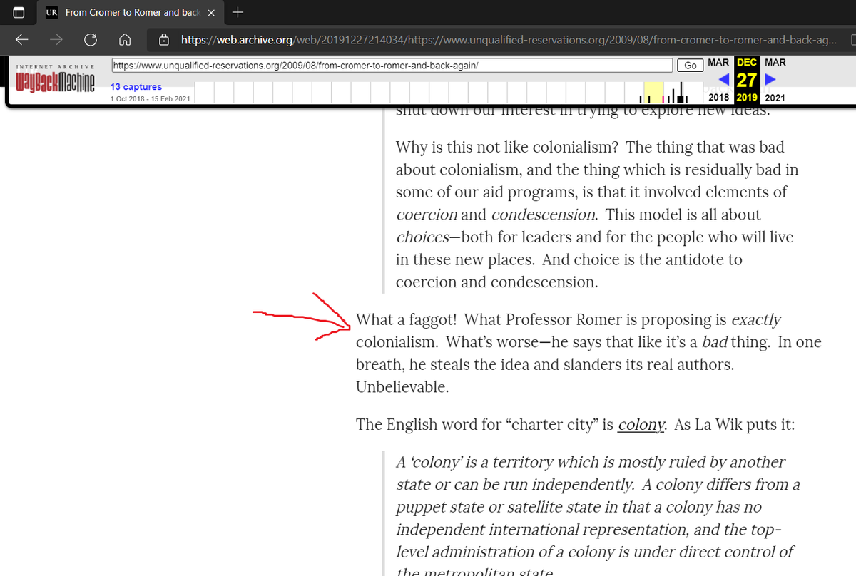 UrthExit's tweet photo. I knew it. Man this is really disappointing. Self-censorship is so lame. I can't imagine Yarvin asked whoever runs the UR site to change it, so whoever it is is taking it upon themselves to change Moldbug's writing.

#selfcensorship
#unqualifiedreservations https://t.co/OUlFc2xp9O