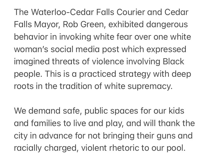 WlooCFBLM's tweet photo. 🗣NO GUNS IN OUR POOL

Our statement in response to today’s article in the WCF Courier highlighting the violence they and the city of Cedar Falls exhibited last week: https://t.co/bjQuyda0b5