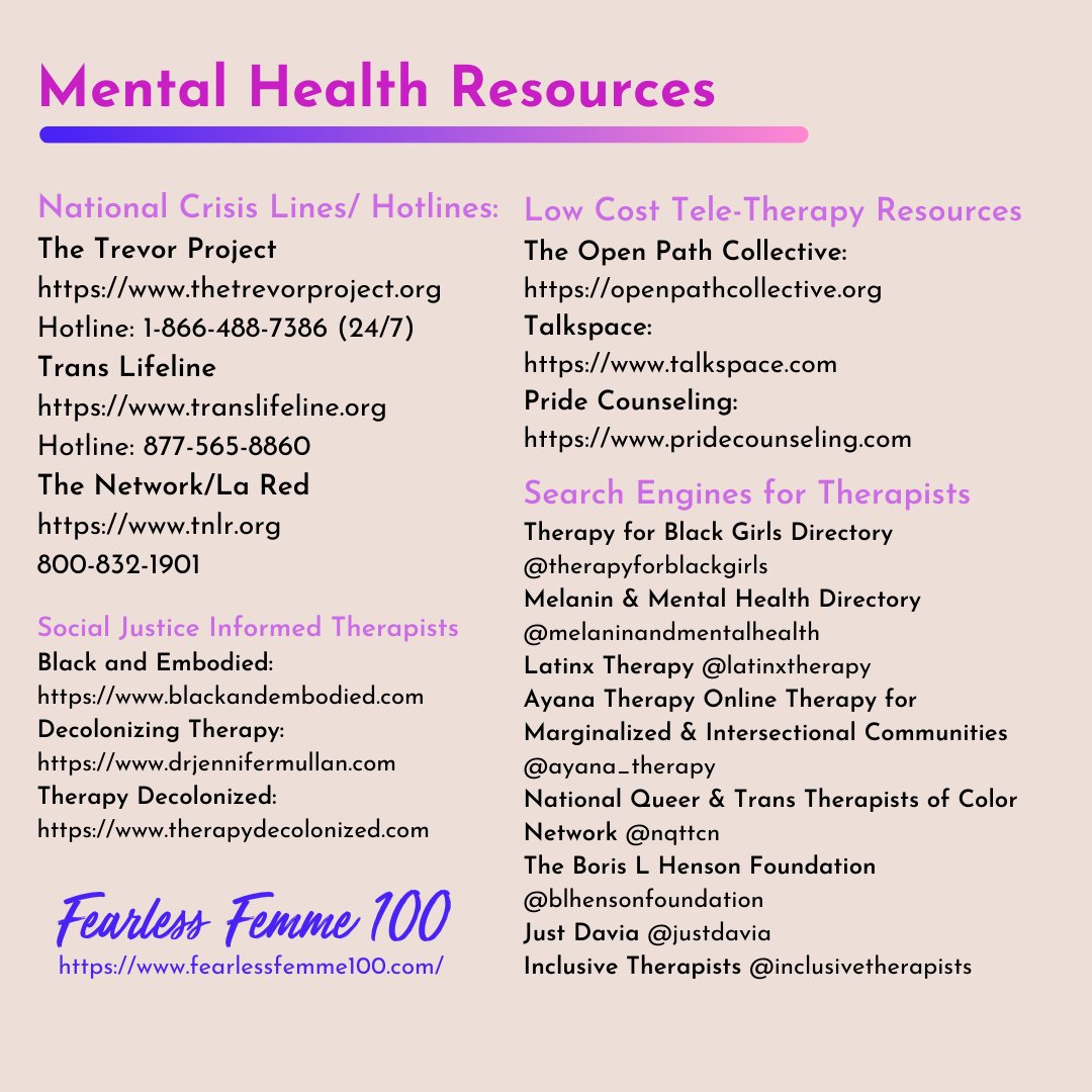 FFemme100's tweet photo. Since we are ending our community project at the end of the month, we want to make sure people can still find resources for mental health that are QTBIPoC centered and low-cost. Link is in our bio!

#MentalHealthAwareness #MentalHealthResources https://t.co/DjSmbdzBor