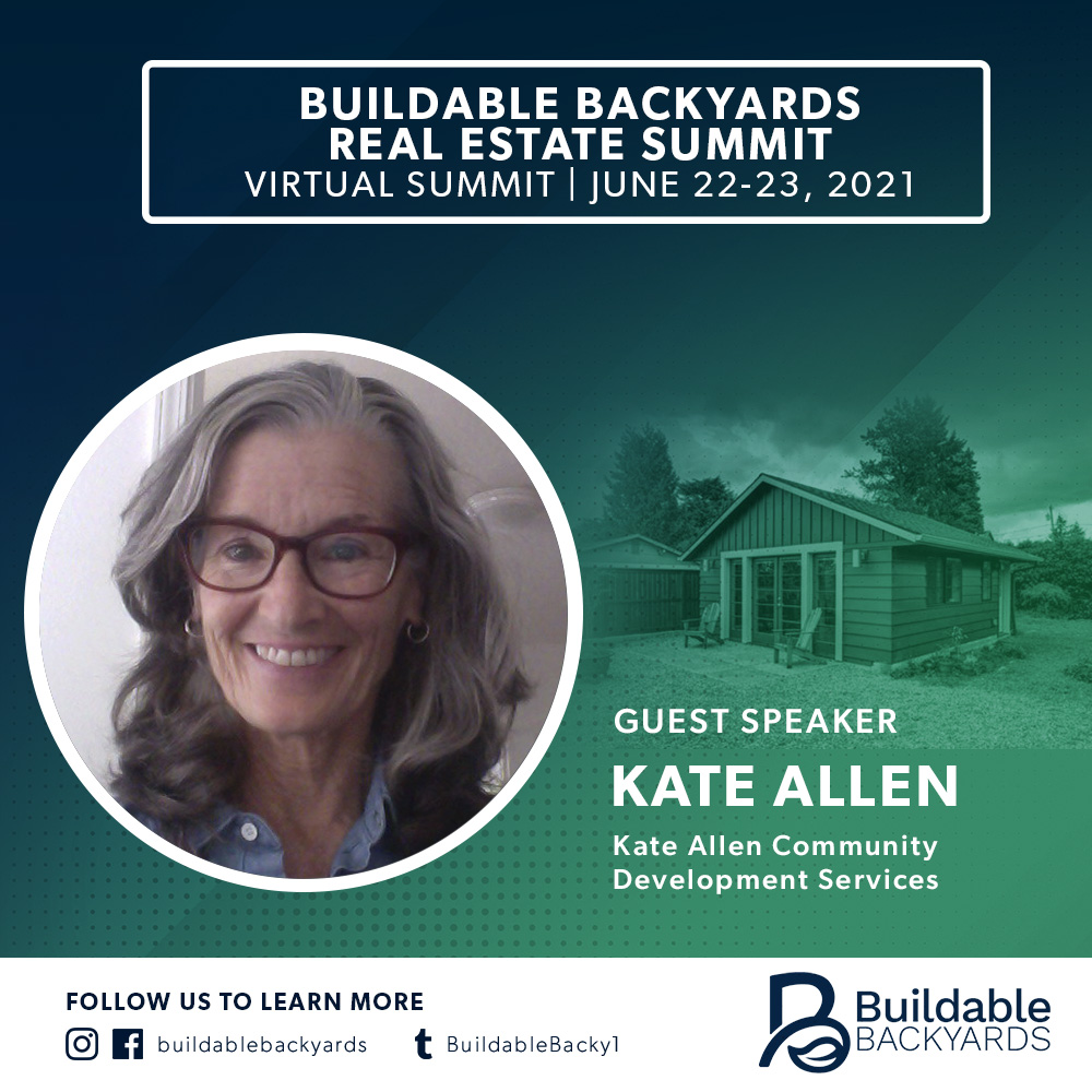 BuildableBacky1's tweet image. More amazing speakers for Session 2 of #BuildableBackyards! This session is titled: 
West Coast Partnerships in Practice
Time: June 22, 2021 -  2:30-3:30pm ET

Next for this Session: 
Kate Allen of Kate Allen Community Development Services! REGISTER bit.ly/33cTRHW
