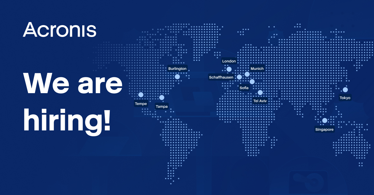 We are hiring! Join our over

📈 1,600 Team Members Globally

📈 50,000 Partners

📈 5.5 Million Consumers

around the world. Find your next role at Acronis. Search over 300 open positions here:  grnh.se/8d8862af2us