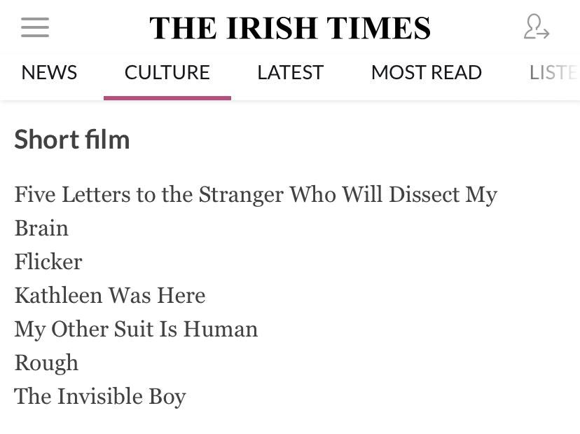 It’s surreal to see the film I produced named in the <a href="/IrishTimes/">The Irish Times</a>. 
<a href="/MyOtherSuit/">My Other Suit Is Human</a> had an incredible crew and phenomenal cast, namely @BethanyBlake90 and <a href="/SimeonOakes/">Simeon Oakes</a> who brought <a href="/Andrewmont7/">Andrew Montague</a>’s words to life. I am so proud. 
#ifta #shortfilm #irishfilm