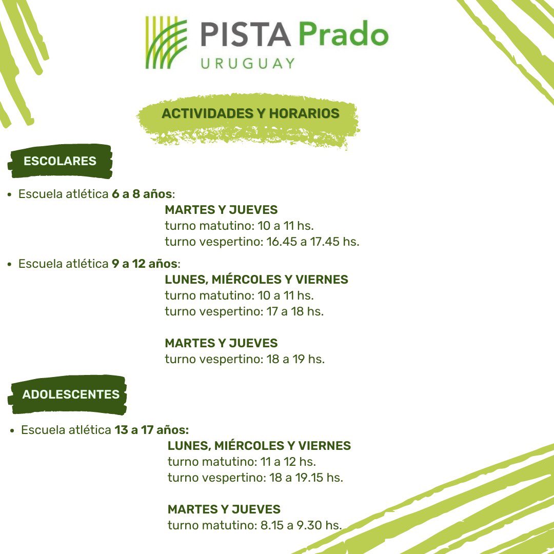 ¡ Hola atletas !

Acá tienen los requisitos para inscribirse en la pista, el número nuevo del colectivo Abitab para pagar la mensualidad y los horarios de todos los grupos.

Estamos abiertos de 7 a 12 y de 16 a 21 horas.  

Cualquier duda no dudes en escribir 📩