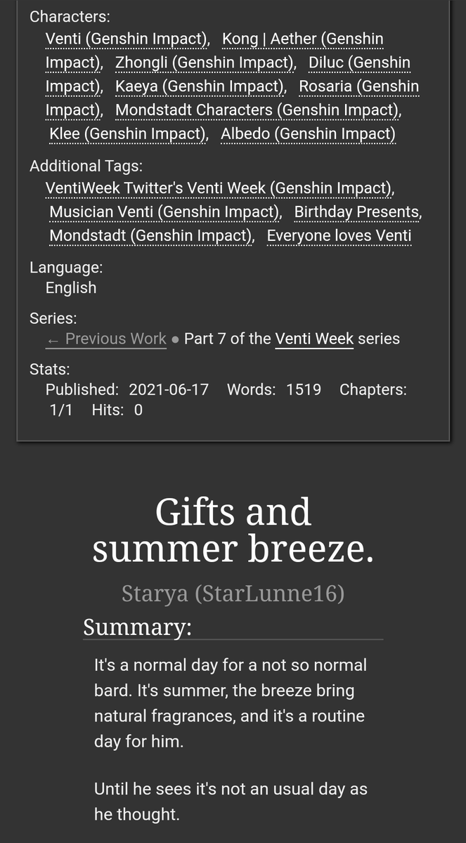 Starya_16's tweet photo. "Gifts and Summer breeze", day 7 of #VentiWeek2021

It's a normal day for a not so normal bard. It's summer, the breeze bring natural fragrances, and it's a routine day for him.

Until he sees it's not an usual day as he thought.

Read it:  https://t.co/NVfvn3ykhY

#原神 #Venti https://t.co/uRIkefVGtK