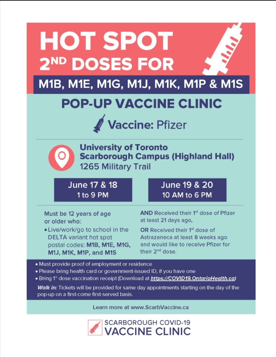 New hot-spot 2nd dose pop-up clinic locations. Fri., Sat., and Sun! scarbvaccine.ca for more details. @TDSB_LN16 @LC3_TDSB