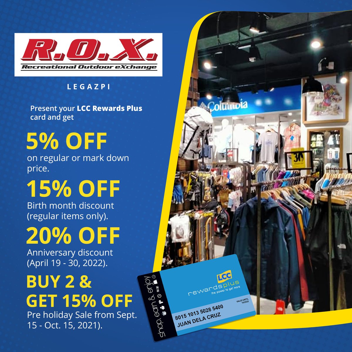 lcc_cards's tweet photo. Shop at ROX Ayala Malls Legazpi and enjoy exclusive discounts when you present your LCC Rewards Plus card.

Get your card now! Visit https://t.co/SPIDbAvC62 to sign up online. #LCCRewardsPlusPartner https://t.co/ALgC4DuqTR