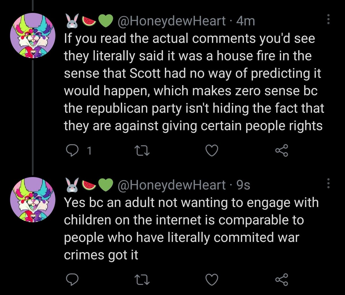 @CowgirlWarrior @HoneydewHeart @thedeadname @dandyspacedout Plus what I meant in that comparison is that Scott accidentally started the fire. He didn't mean to hurt those people.

But would he still be labeled the arsonist?