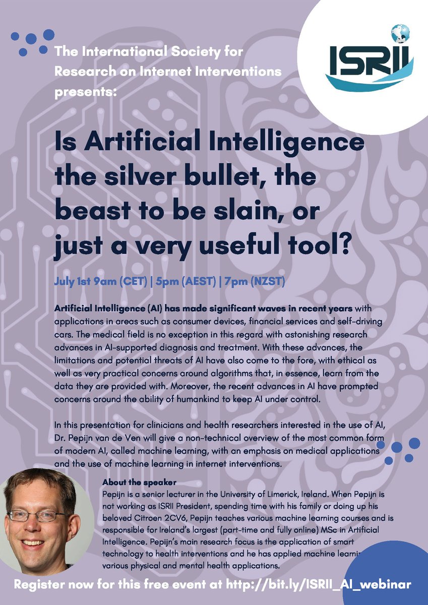 More detail about the upcoming FREE WEBINAR with Pepijn van de Ven:  July 1st 9am CET | 5pm AEST | 7pm NZST. Don't miss out, register today 🤖🗓🎓bit.ly/ISRII_AI_webin… <a href="/UL/">University Of Limerick</a> <a href="/sonja_march/">Sonja March</a> <a href="/Louise_Thornton/">Dr Louise Thornton</a>  #mhealth #eHealth