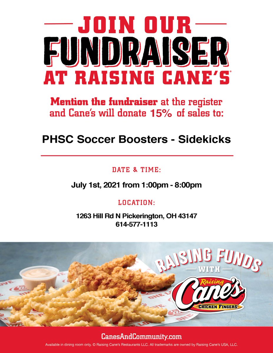 Come out to Cane's on July 1st from 1:00-8:00 and support your 2021 Boys and Girls Tiger Soccer Teams.  15% of all sales will go back to the soccer program.  Bring the flyer with you or show it on your mobile device.