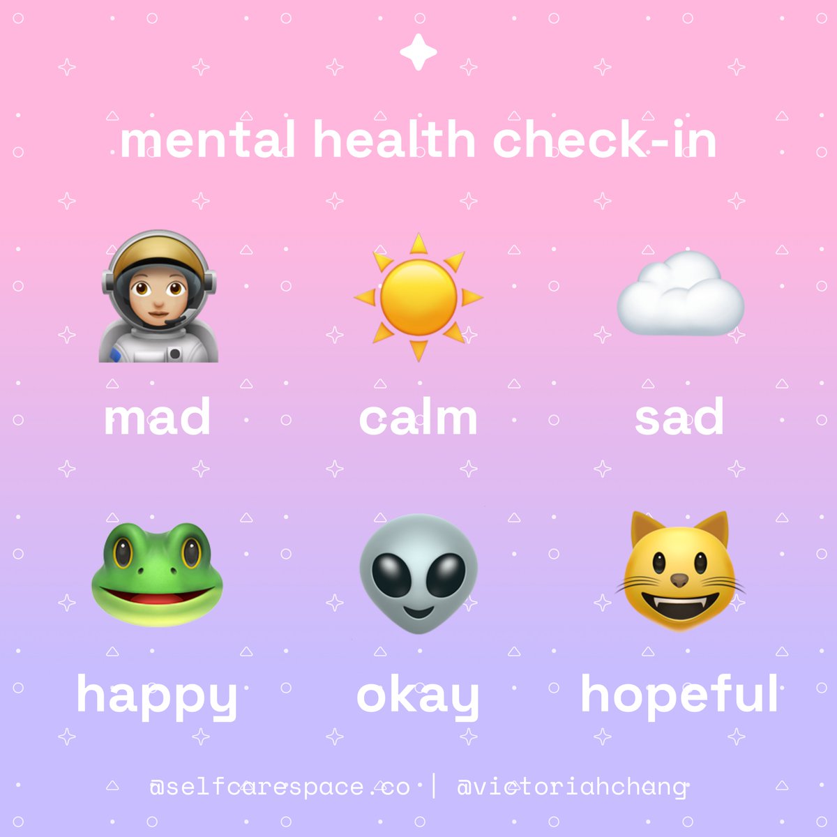 selfcarespaceco's tweet photo. How do you feel? 👩🏼‍🚀 ☀️ ☁️ 🐸 👽 🐱

Shop: https://t.co/e24MF6K2h7 
Links: https://t.co/l3y5lOLF9P

#MentalHealth #MentalHealthTips #MentalHealthCheck #MentalHealthCheckIn #SelfCare #SelfCareTips #SelfLove #Feelings #StickerShop #PinShop https://t.co/0AlGZVOxIV