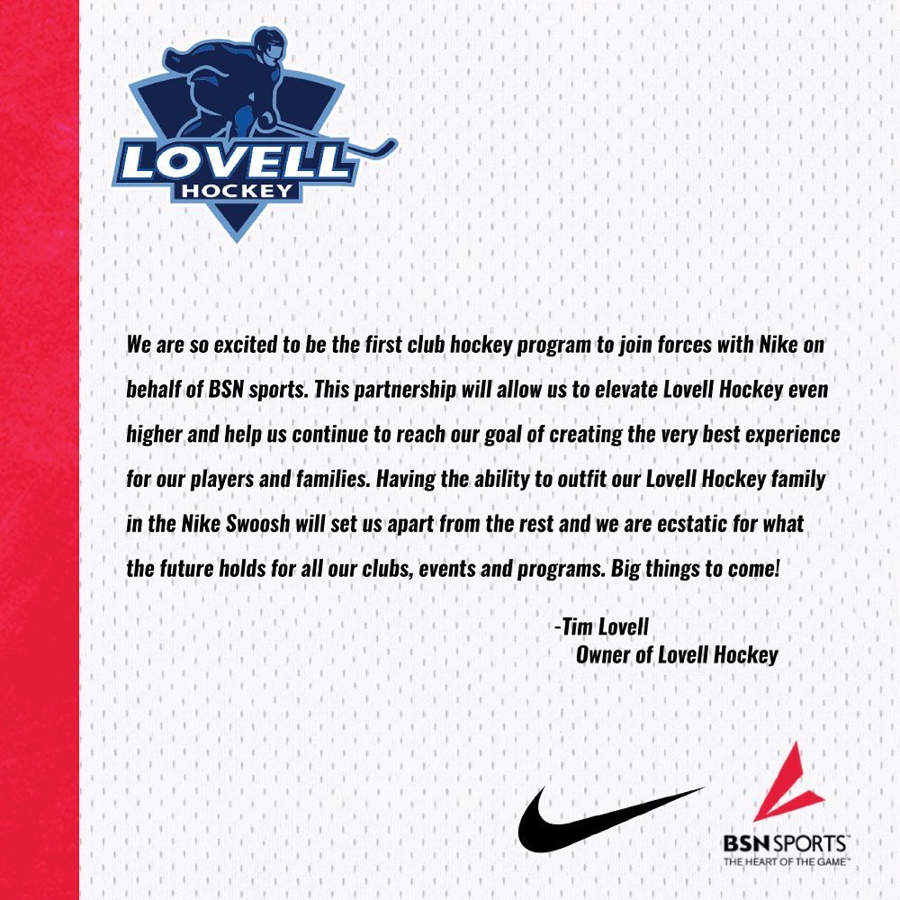 The Lovell Hockey family is excited to announce the first ever national club hockey partnership with Nike, the global sports and apparel industry leader!

Click the link to shop our Lovell Hockey store below ⬇️
bsnteamsports.com/shop/BsMDhSzGgz