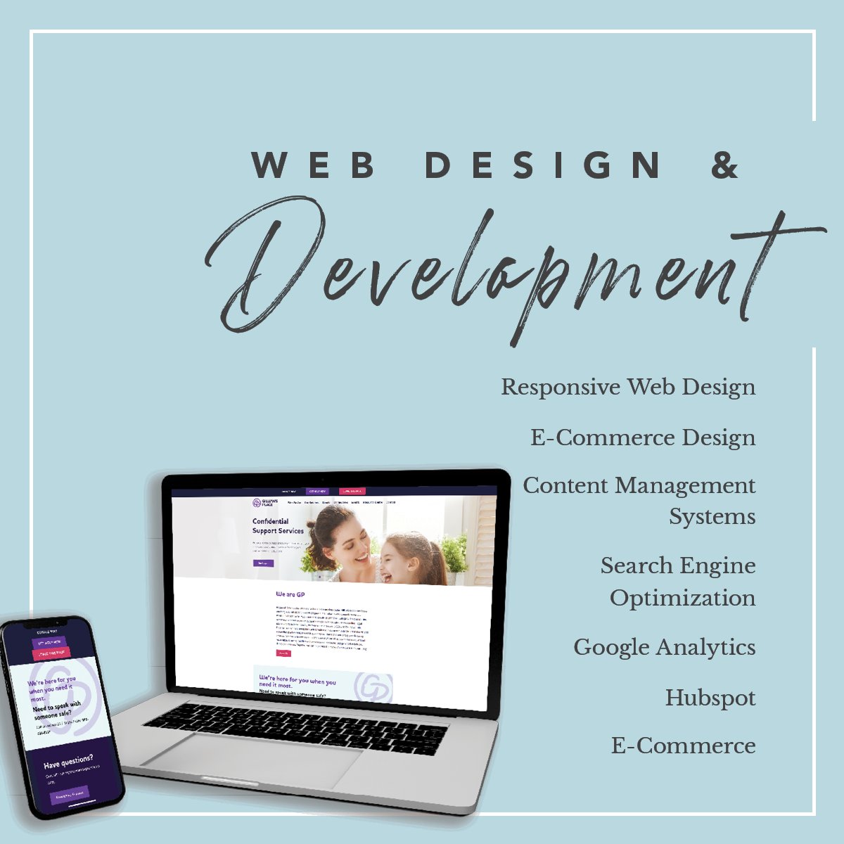 Your website design is an extremely important part of your online marketing presence. A good website will help showcase your brand and navigate people to the right places!

 Get in touch with our expert web developers to increase your credibility and visibility online!