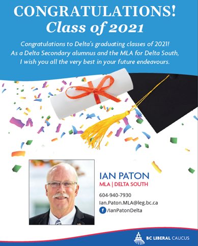 Congratulations to <a href="/dsspacers/">Delta Secondary</a>, <a href="/SDSSSundevils/">@SDSSSundevils</a>, and <a href="/SouthpointeA/">Southpointe Academy</a>’s graduating Classes of 2021! I sincerely wish each graduate all the success in your future endeavours.🎓#DeltaBC