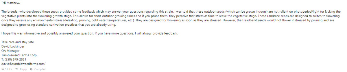LNWMike's tweet photo. @HonieeBean I've found Travazaurus's grow diary to be most helpful. This is an email I found under the comments of their diary, so I suspect this is why the one flowered if the email is true. 
https://t.co/4sgj02Vg8W https://t.co/QxRfmWZSEL