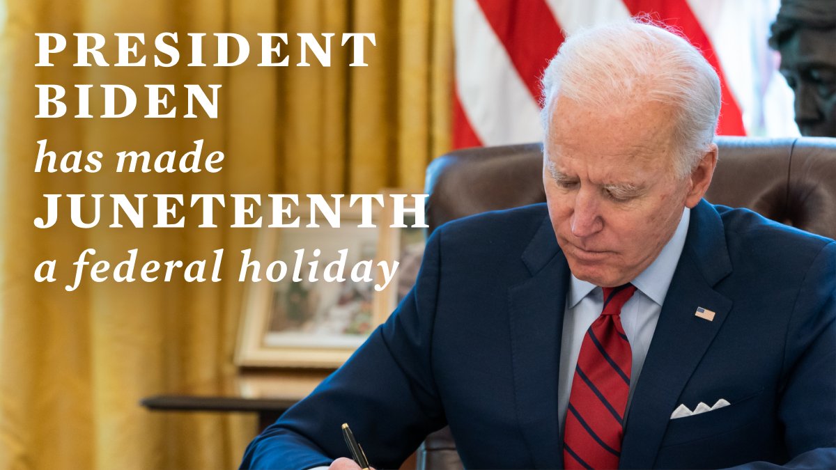 Today, @POTUS took the important and long overdue step of designating Juneteenth a federal holiday. But we cannot allow this to be merely symbolic. Congress must pass legislation to ensure the right to vote remains strong and protected. https://t.co/28yz5xoUUW