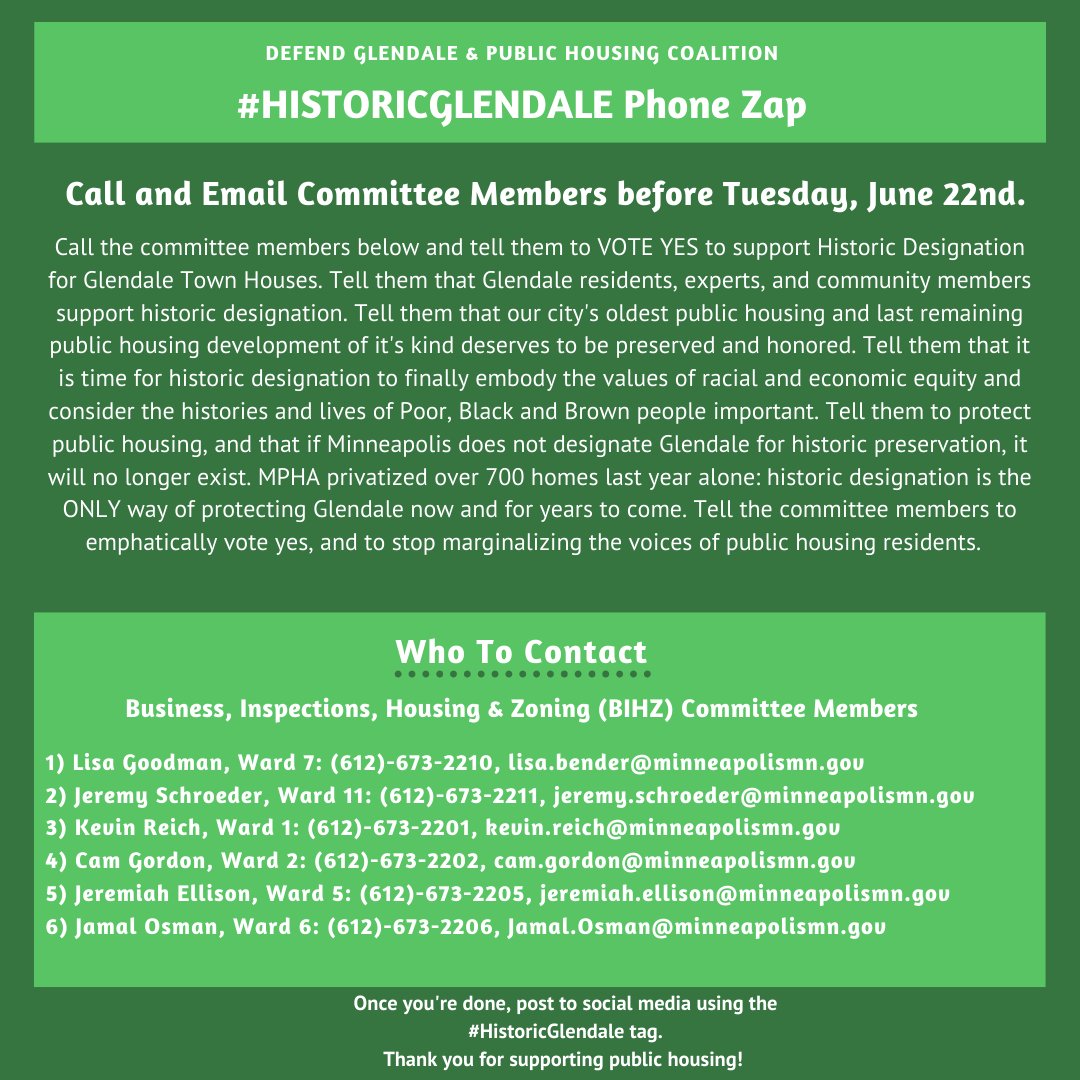 CALL TO ACTION: On Tuesday the Business, Inspections, Housing &amp; Zoning (BIHZ) Committee is VOTING on Historic Designation for Glendale. MPHA is allowed to speak, but residents &amp; community are not. Please call and email the following City Council Members and tell them to vote YES.
