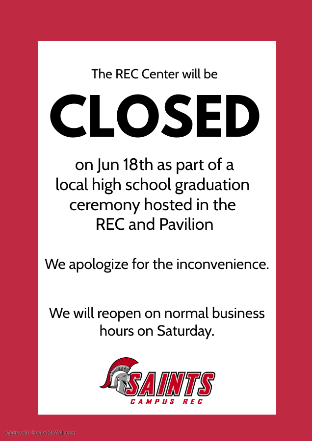 It's high school graduation season on campus. It's wonderful seeing the celebrations happening on campus for our local communities. As part of that the REC will be closed tomorrow Jun 18th as part of a graduation process. We will resume operations on Saturday. Enjoy the weekend