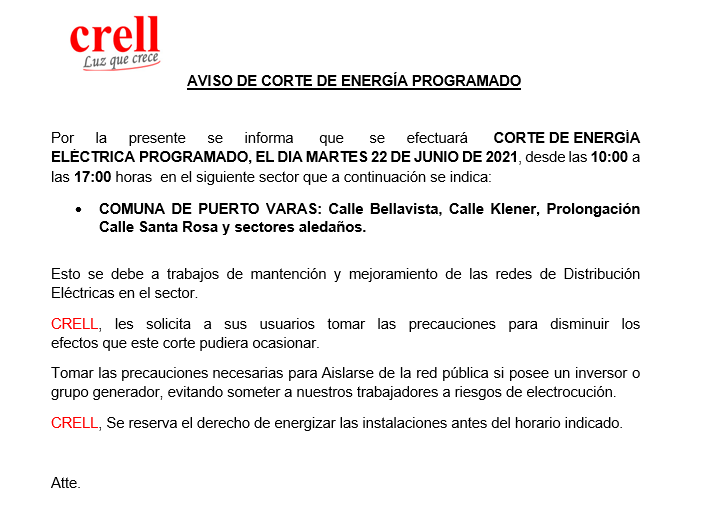 Corte Programado para el día martes 22/06/2021, en la comuna de Puerto Varas.