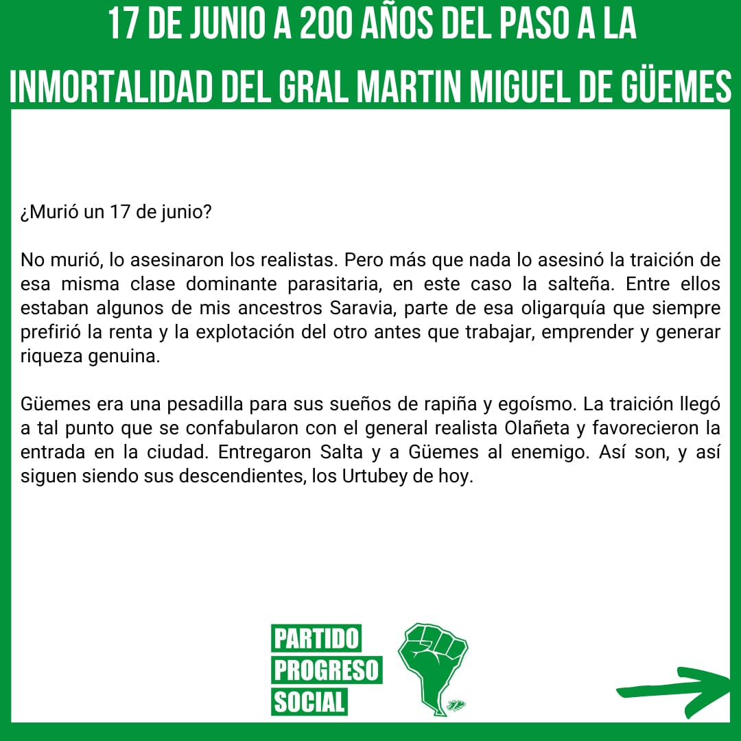 PPS_Partido's tweet photo. 17 de junio a 200 años del paso a la inmortalidad del Gral Martín Miguel de Güemes

#GuemesHeroeNacional
#Guemes200Años
#Guemes #BicentenarioGüemes
#PPS https://t.co/JzU42criDh