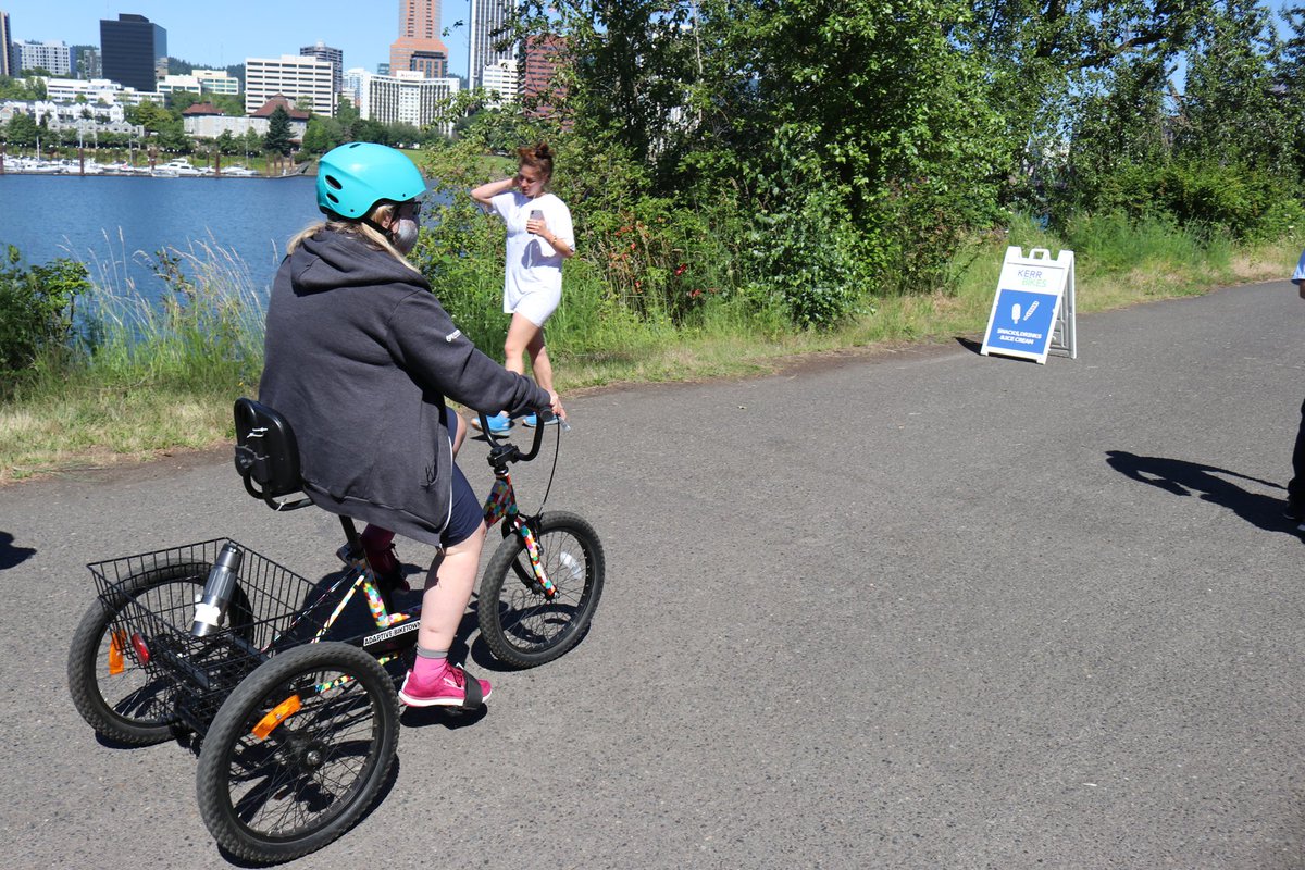 We were excited to join folks from <a href="/pdpronw/">Parkinson'sResources</a> today while they gave Adaptive BIKETOWN bikes a try! Here, Christopher Redmond, who's living with Parkinson’s, gets fitted to a recumbent tricycle with electric assist, and Carol Clupny, also living with Parkinson’s, test rides a trike.