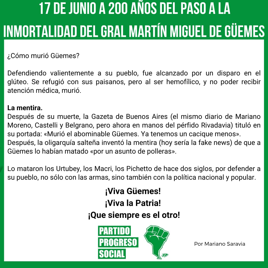 PPS_Partido's tweet photo. #17DeJunio2021 

#GuemesHeroeNacional
#Guemes200Años
#Guemes  #BicentenarioGüemes
#PPS https://t.co/f0pG9qoF3U