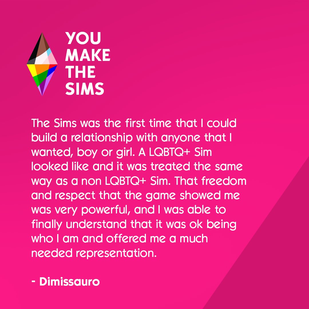 "...a bunch of players that are passionate about creativity &amp; willing to share &amp; support other people’s creations." No better way to describe <a href="/dimasvedovato/">dimas</a> who's overcome his own shyness to connect with others through his Youtube &amp; Twitch! 🏳️‍🌈💚🤩#YouMakeTheSims #PrideMakeTheSims