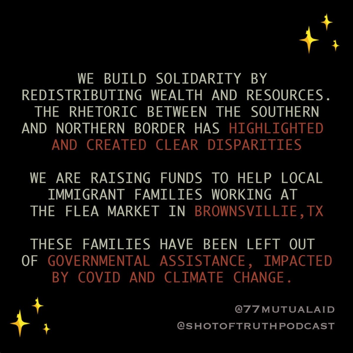 77MutualAid's tweet photo. We’re teaming up with @shotoftruthpod to provide Border to Border mutual aid — all the way from Bellingham, WA to Brownsville, TX! All funds raised will go directly to vendors of the 77 Flea Market

Donate via CashApp &amp; Venmo
https://t.co/X1P6upcSYM
https://t.co/VCvXXywehj https://t.co/2SPSXrn9uF
