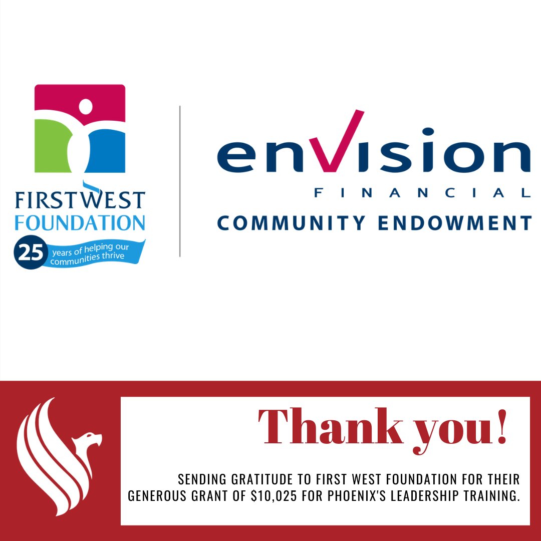 Phoenix_Society's tweet photo. Thank you to Envision Financial Community Endowment for a $10,025 grant for our Leadership Training Program!
We are so grateful!
#FirstWestFoundation @FirstWestFDN First West Foundation is proud to provide grants through the Envision Financial Community Endowment. https://t.co/ZfWJnDinwC