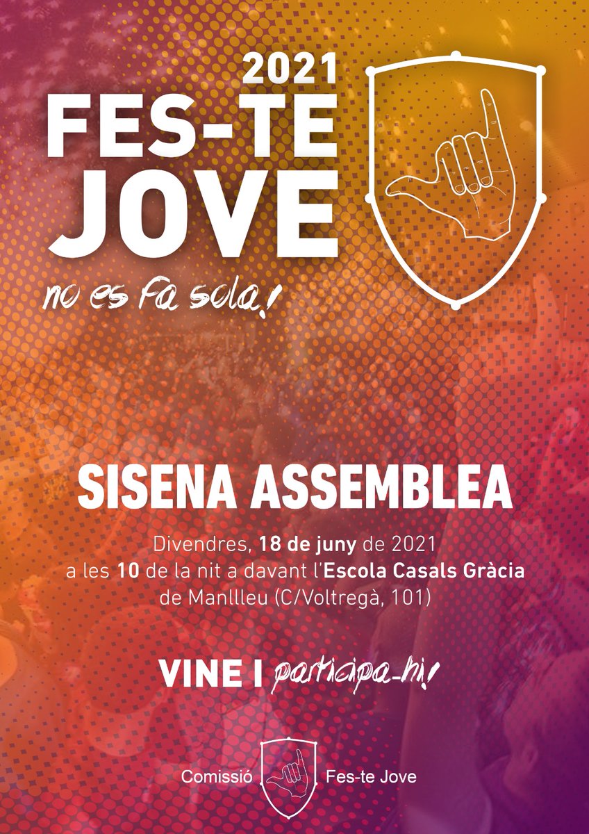 FesteJove's tweet photo. 🙋🏻‍♀️🗓️ Demà sisena ssemblea per preparar #festejove21!
🕙📍A les 22h davant l'Escola Casals Gràcia (c/Voltregà, 101) 
Vine i participa-hi! 🤙🏼 https://t.co/gf2TzOishy