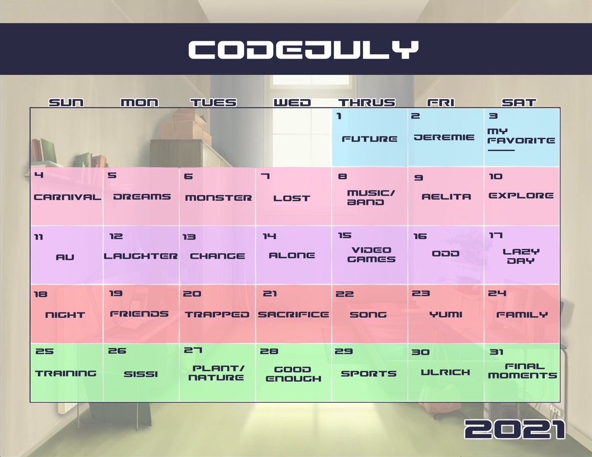 semie78's tweet image. Hello, here is this year’s codejuly calendar if anyone wants to go for it! #codelyoko #codejuly #codejuly21