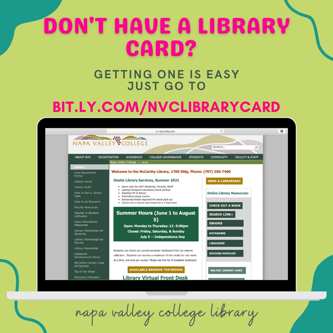 McCarthyLibrary's tweet image. NVC Students, did you know you can get a Free Library Card at the NVC Library? Get your Library Card today and get access to Summer Semester check-outs including laptop computers, WIFI hotspots, calculators, class textbooks, and more. 
#wearenvc #napavalleycollege #LIBRARY